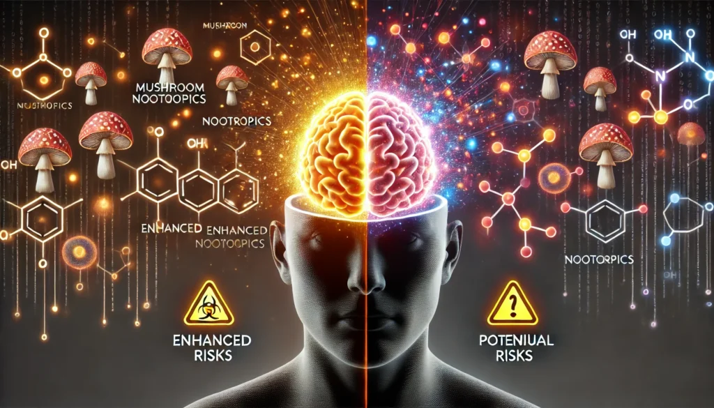 "A conceptual image illustrating the dual nature of mushroom nootropics—one side showing a glowing brain symbolizing enhanced cognition, while the other side depicts caution symbols and abstract chemical reactions."