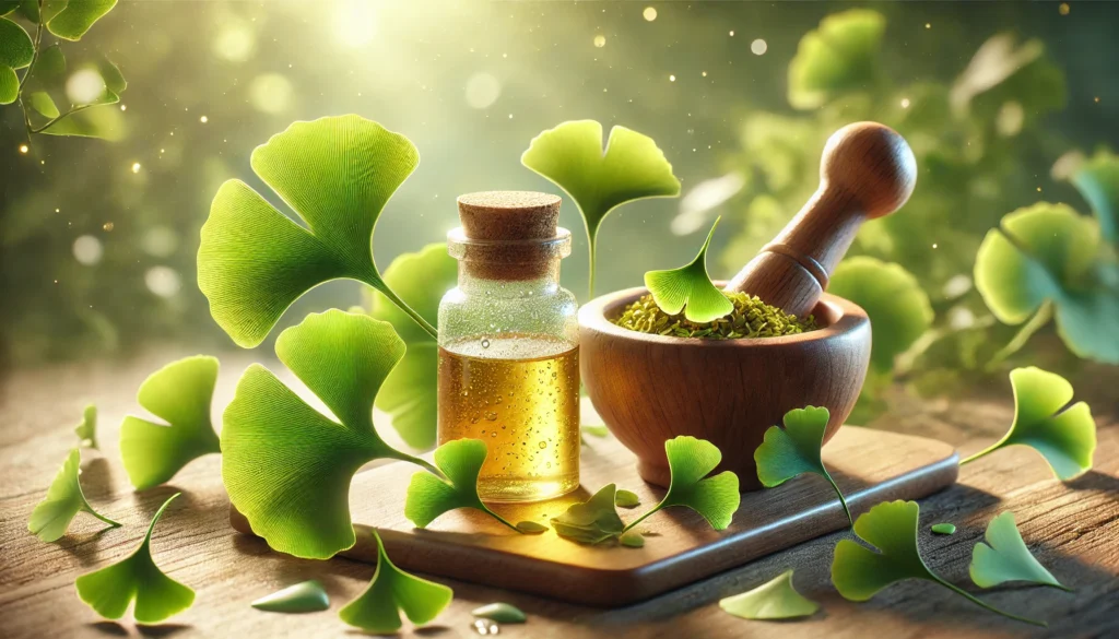 A close-up 3D-rendered illustration of fresh green Ginkgo Biloba leaves with water droplets, a glass bottle of golden Ginkgo extract, and a wooden mortar and pestle filled with crushed leaves, all set in a natural environment with soft sunlight.