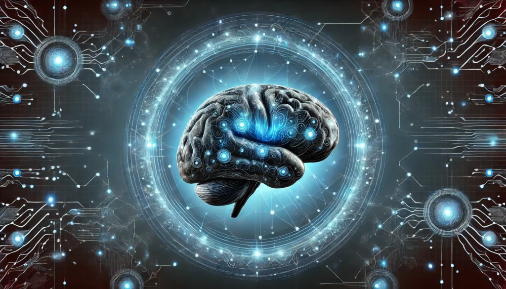 A futuristic, glowing blue brain surrounded by neural connections and electric pulses, symbolizing enhanced cognitive function and neurotransmitter activity. The dark sci-fi background highlights intelligence, memory, and brain health.