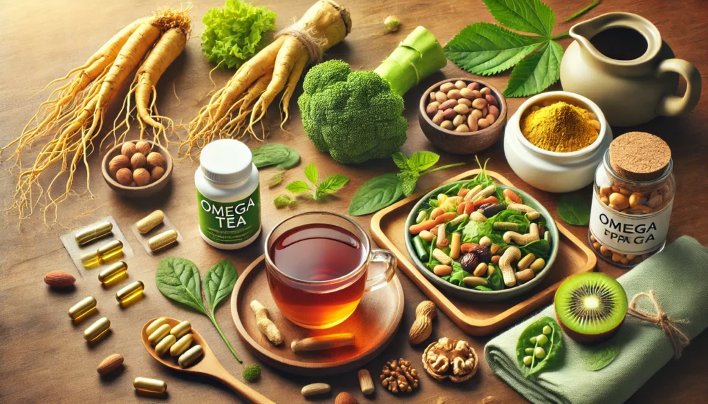 A vibrant flat lay of natural supplements and energy-boosting foods, including ginseng root, matcha tea, omega-3 capsules, green leafy vegetables, nuts, and herbal tea on a wooden table.
