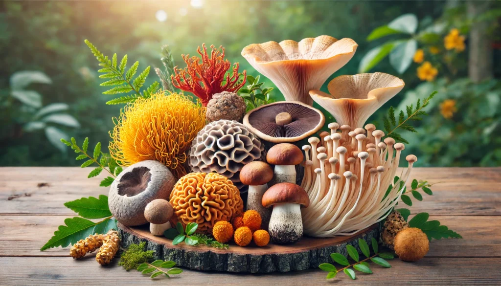 A vibrant arrangement of top brain-boosting mushrooms, including Lion’s Mane, Reishi, Chaga, and Cordyceps, set against a natural woodland background. The mushrooms are fresh and detailed, showcasing their unique textures and earthy colors.