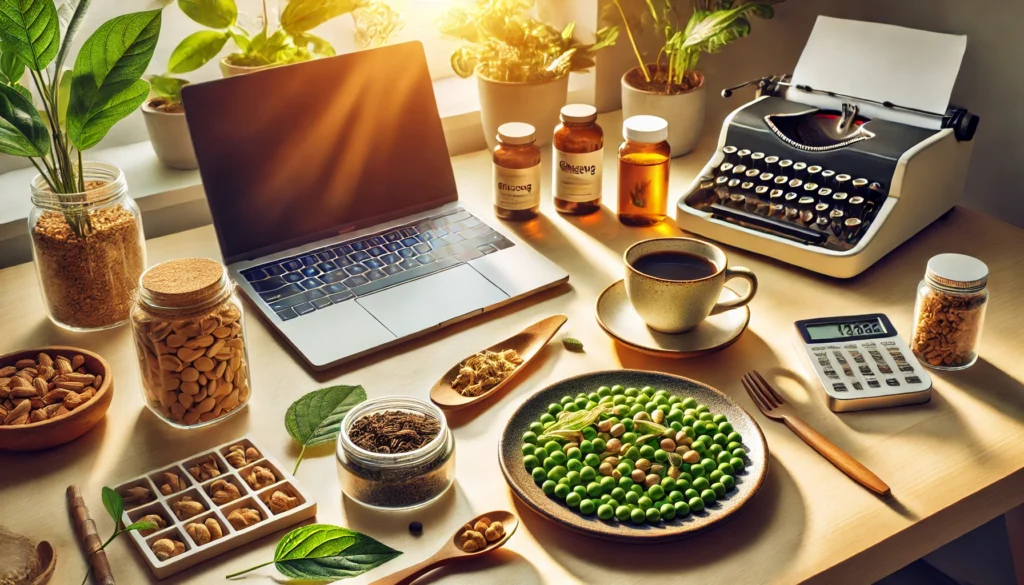 A vibrant and energetic workspace featuring a well-lit desk with a laptop, a cup of coffee, and natural supplements like ginseng and green tea. The setting suggests productivity and focus, with warm lighting and a fresh, invigorating atmosphere.