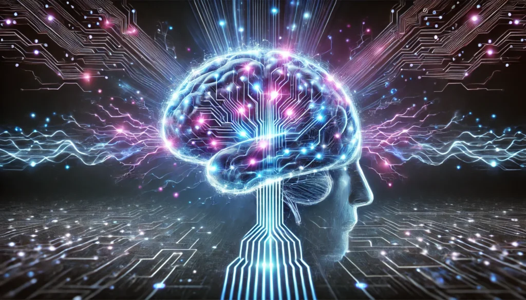 A futuristic depiction of brain enhancement with glowing neural connections, showcasing a high-tech digital brain illuminated by electric blue and purple energy pulses, symbolizing improved cognitive function.