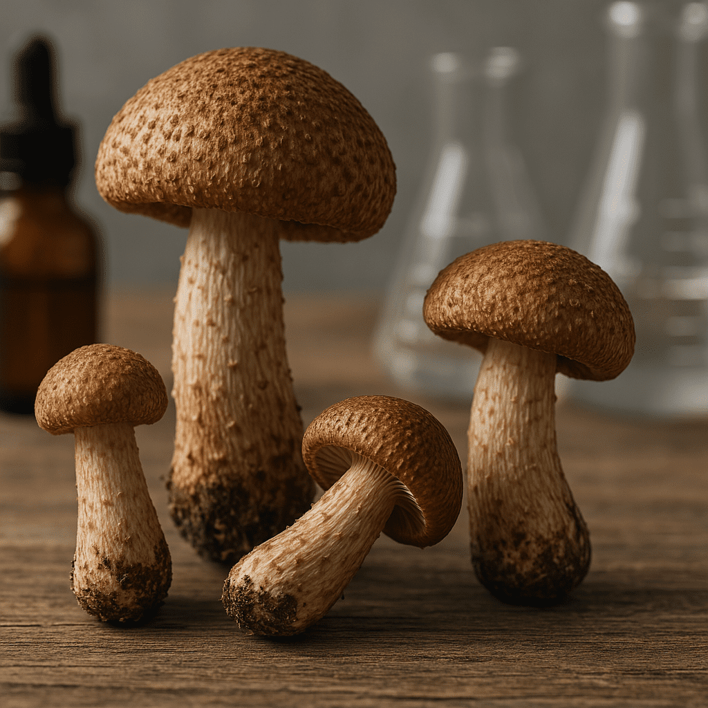 Four medicinal mushrooms of varying sizes displayed on a rustic wooden surface with blurred laboratory beakers in the background, symbolizing the scientific interest in natural supplements.