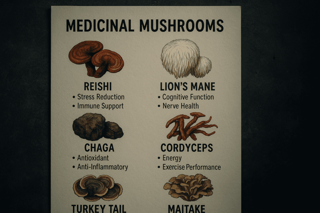 A parchment-style medicinal mushroom chart is dramatically illuminated against a dark concrete wall, listing six science-backed fungi—Reishi, Lion’s Mane, Chaga, Cordyceps, Turkey Tail, and Maitake—with associated benefits like immune support and cognitive health, creating a moody, informative scene perfect for a health-focused guide.