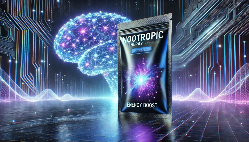 "Futuristic nootropic energy pouch glowing with blue and green energy waves, symbolizing enhanced focus, stamina, and cognitive performance. Digital particles and light streaks convey a high-tech brain-boosting effect."