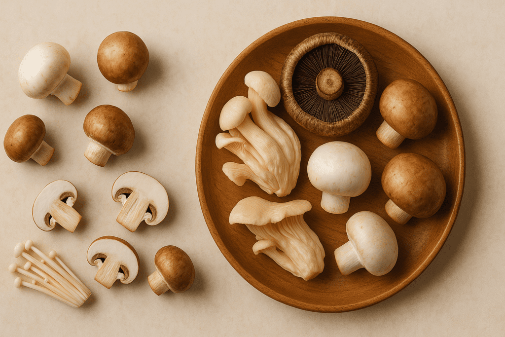 vibrant salad bowl filled with sliced mushrooms and leafy greens, surrounded by various whole mushrooms on a beige background, visually representing the health benefits of eating mushrooms daily.