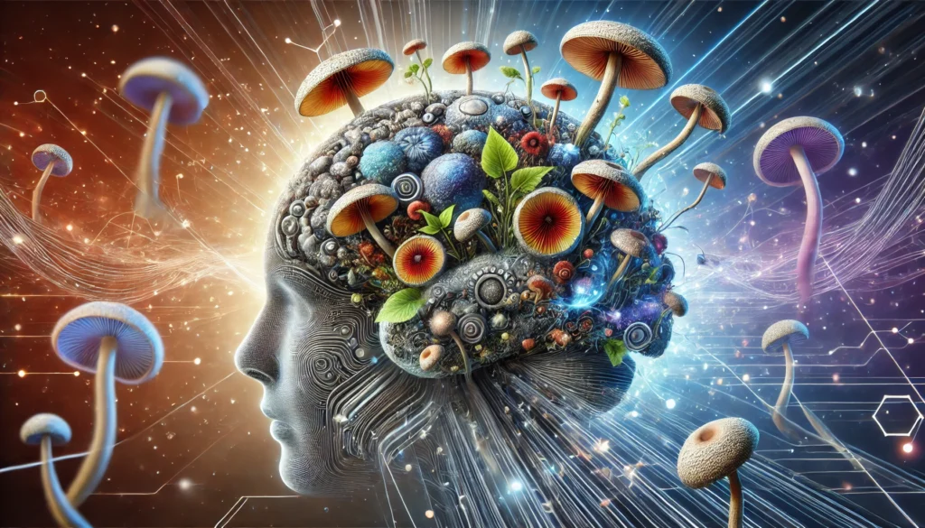 "A futuristic illustration of a human brain interconnected with natural mushroom elements, symbolizing the fusion of nature and science in cognitive enhancement research."