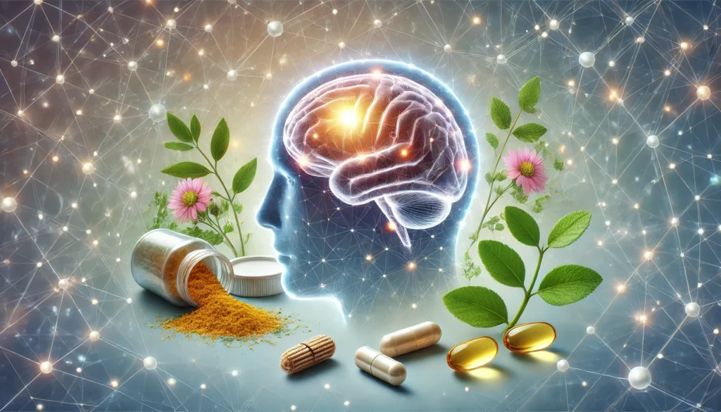 A conceptual illustration of brain health and memory supplements. A glowing human brain is surrounded by natural ingredients like ginkgo biloba, turmeric, and omega-3 capsules, symbolizing memory enhancement in a futuristic medical setting.