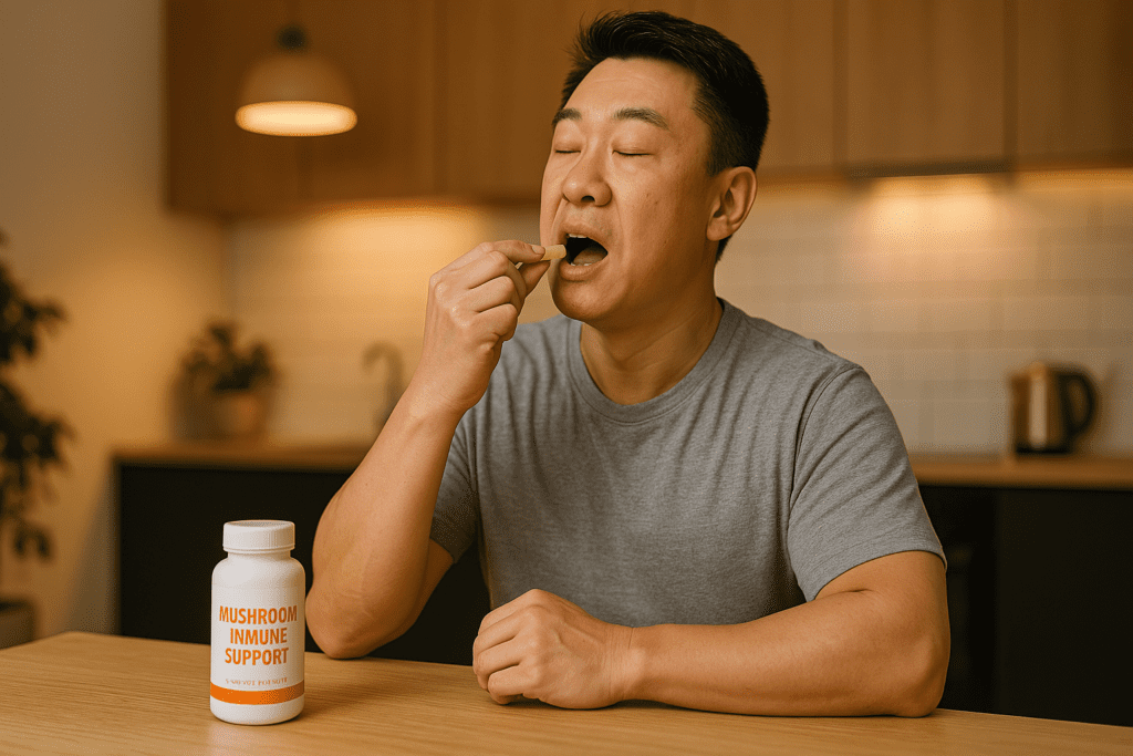 A middle-aged Asian man takes a mushroom immune support supplement in a softly lit kitchen, evoking a sense of daily wellness and trust in functional fungi for natural immune health.