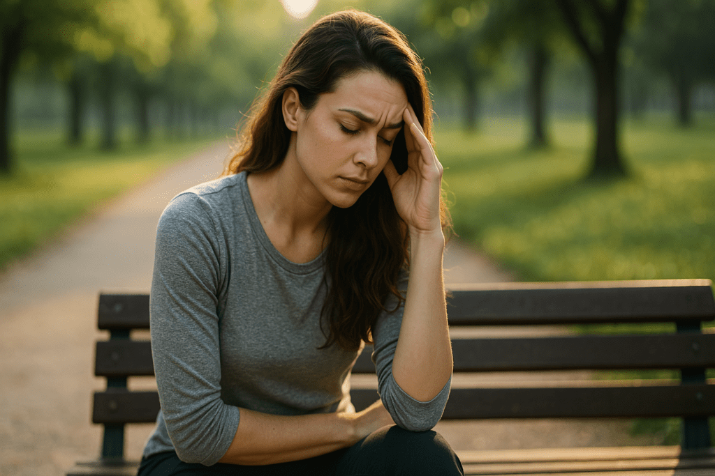 A young woman in her mid-twenties with chestnut hair sits on a weathered park bench surrounded by soft greenery, bathed in warm morning light. Her contemplative posture and calm expression reflect natural energy and mental clarity, visually reinforcing the theme of science-backed energy vitamins and pills for women.