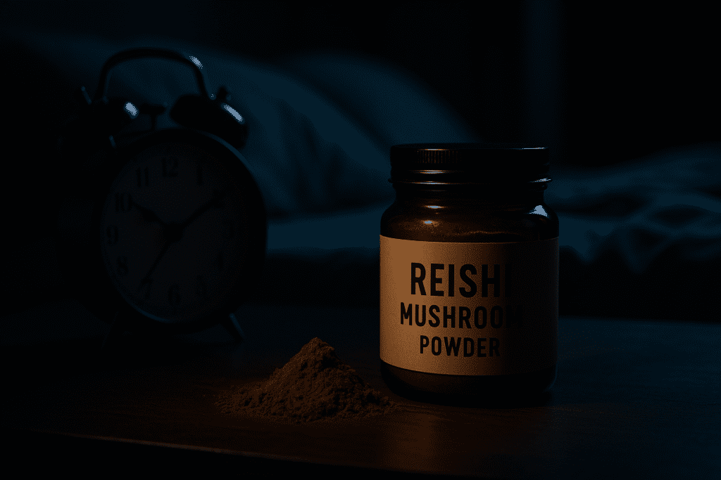 A cool-toned, photorealistic image shows a bedside table with a labeled jar of reishi mushroom powder and a small mound of powder beside it, softly lit by clinical blue light. A vintage alarm clock and a blurred bed in the background enhance the nighttime atmosphere, supporting the theme of proper reishi mushroom dosage for sleep and evening wellness rituals.