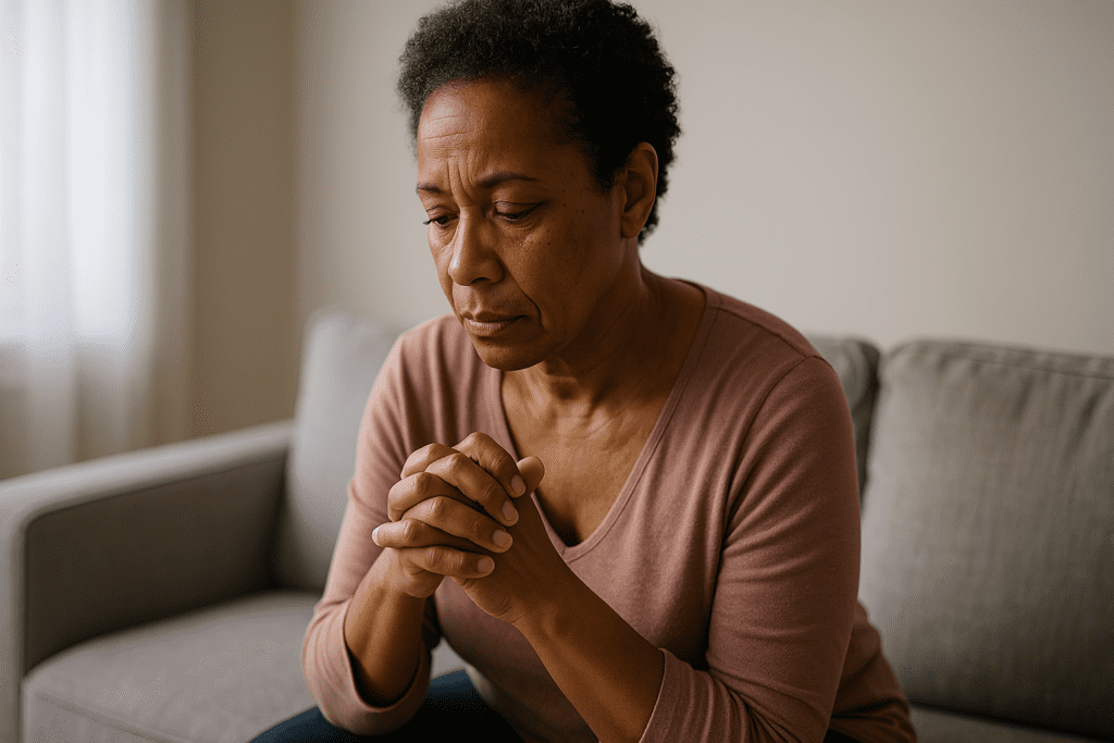 Middle-aged woman with short natural hair sits on a gray sofa in a softly lit room, hands clasped and expression serene.