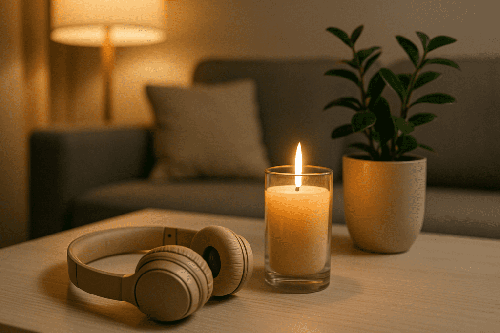 Beige headphones, a lit candle, and a small green plant rest on a wooden coffee table in a warm, softly lit room.