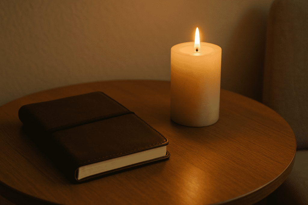 A warm candle glows beside a closed leather journal on a round wooden table, set against a neutral-toned wall in a peaceful, uncluttered indoor space, evoking themes of mindfulness and personal reflection.