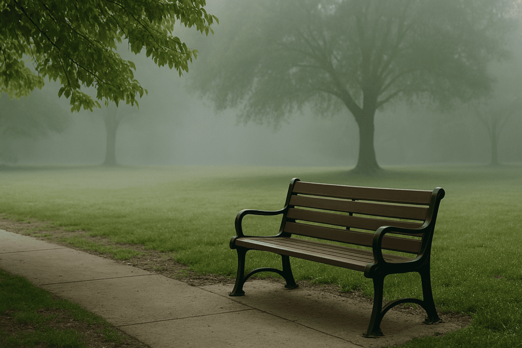 An empty park bench sits along a misty pathway under a leafy tree in a tranquil green space, with cool fog obscuring the background, creating a serene and contemplative atmosphere.