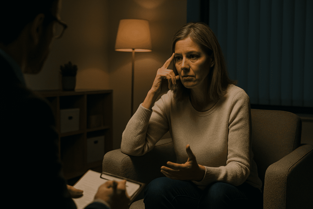 A middle-aged woman in a cream sweater speaks intently during a therapy session in a softly lit, modern office, her focused expression highlighted by moody, directional lamp light against a darkened backdrop.