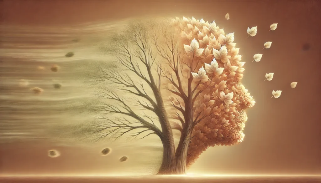 A tree with leaves gradually disappearing from one side, symbolizing the loss and transformation of memory over time. The background is soft and warm, emphasizing the progression of cognitive aging.