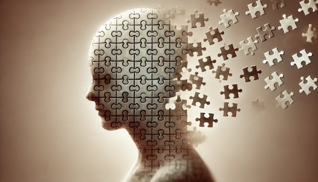A human silhouette with puzzle pieces fading away from the head, symbolizing memory loss and cognitive transformation over time. The background is soft and neutral, emphasizing the natural aging process.