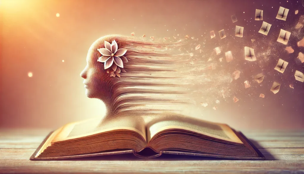 A book with pages gradually fading as they turn, symbolizing the gradual transformation and loss of memories over time. The background is soft and warm, emphasizing the process of aging and cognitive changes.