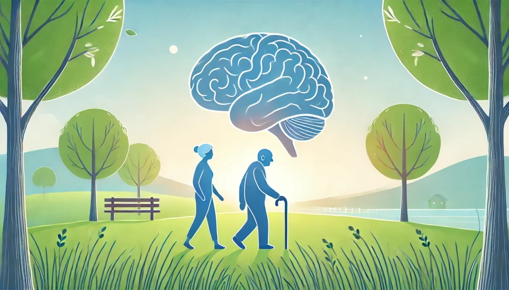 An elderly person walking in nature with a companion, symbolizing the importance of physical activity and social interaction for brain health. The background is bright and peaceful, emphasizing well-being and longevity.