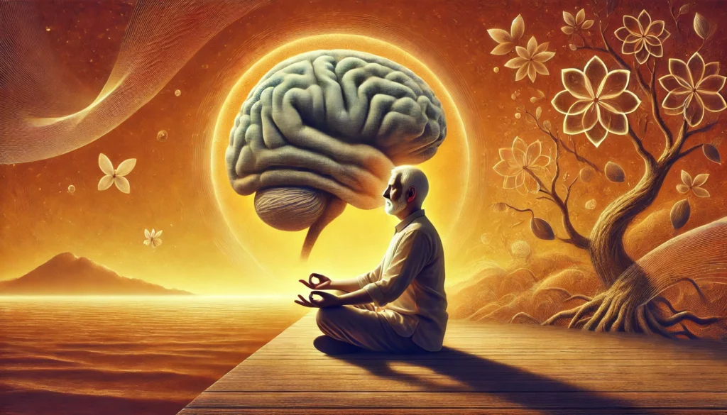 An elderly person meditating in a peaceful environment, symbolizing mindfulness and stress reduction for cognitive health. The background is warm and serene, emphasizing relaxation and mental clarity.