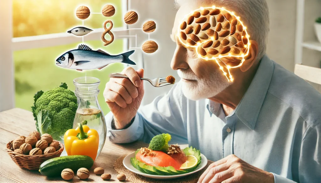 An elderly person eating a healthy meal rich in brain-boosting foods like nuts, fish, and vegetables, symbolizing the role of proper nutrition in cognitive health. The background is bright and inviting, emphasizing well-being and longevity.