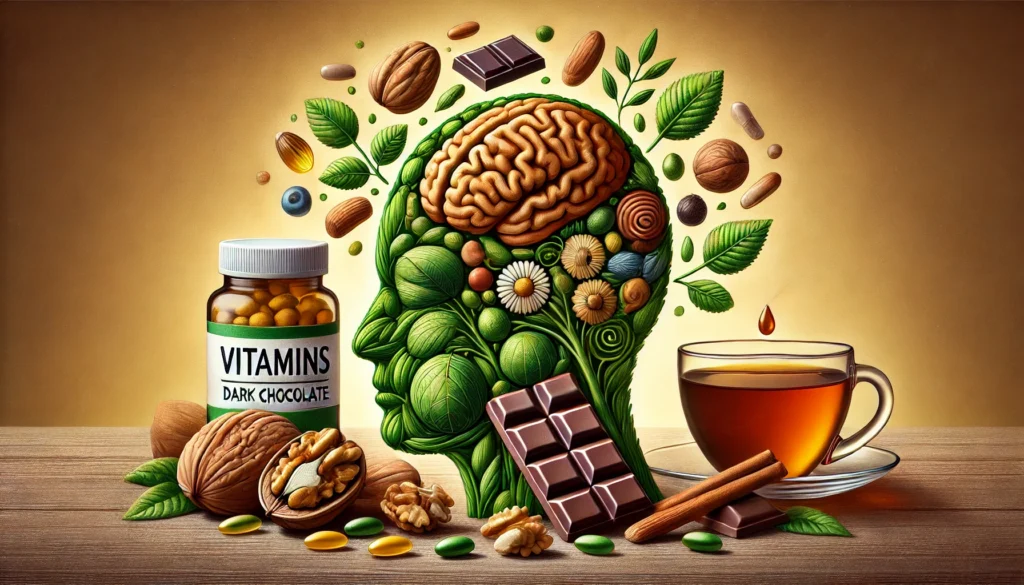 A set of vitamins and brain-boosting foods such as walnuts, dark chocolate, and green tea, symbolizing natural cognitive enhancement. The background is warm and inviting, emphasizing nutrition for brain health.