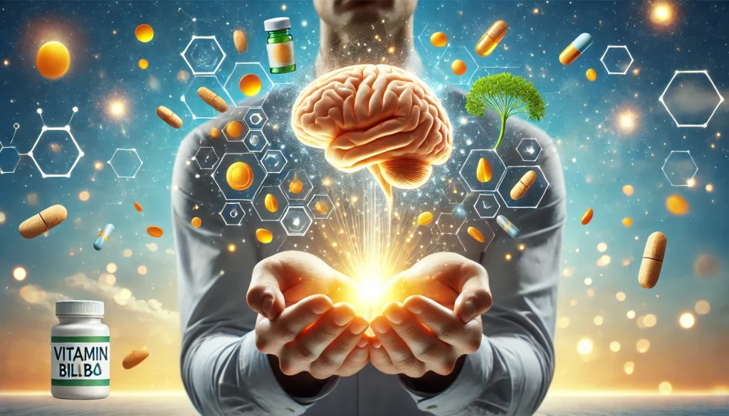 A person holding a glowing brain in their hands with floating natural supplements like ginkgo biloba and vitamin B12, symbolizing cognitive enhancement. The background is bright and inspiring, emphasizing brain health support.