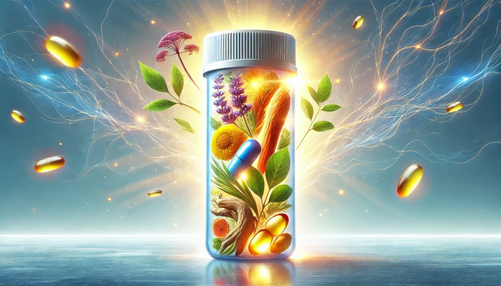 A glowing pill bottle with natural brain-supporting herbs like ginseng, turmeric, and omega-3 fish oil, symbolizing cognitive enhancement. The background is bright and serene, emphasizing the role of supplements in brain health.