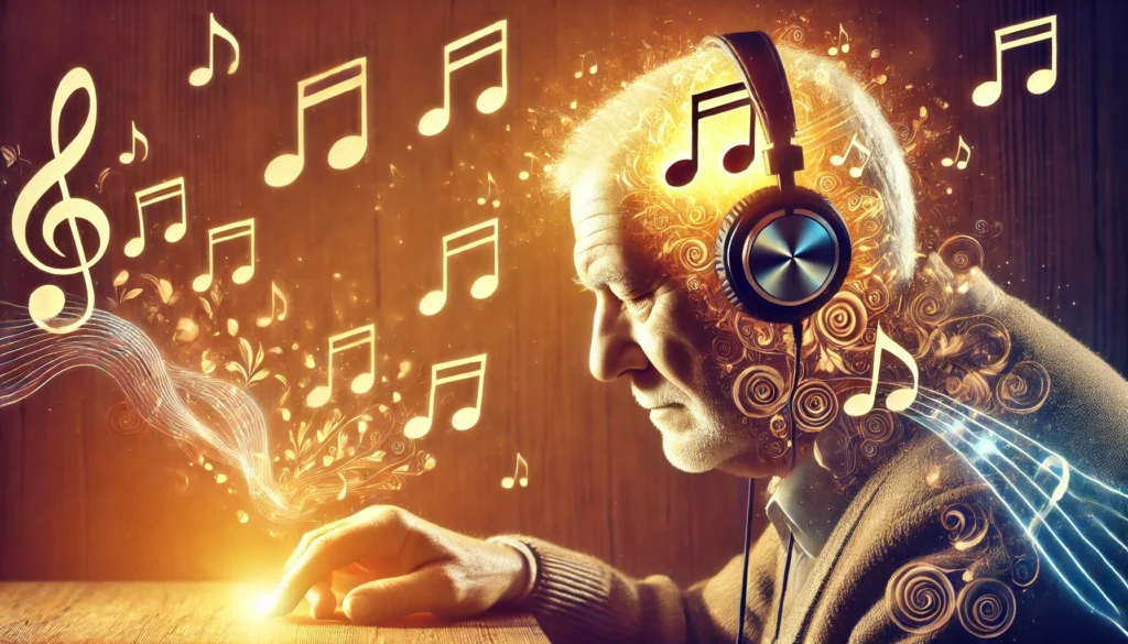 An elderly person enjoying music through headphones, with notes flowing around them, symbolizing the therapeutic effects of music for cognitive well-being. The background is warm and soothing, emphasizing relaxation and mental stimulation.