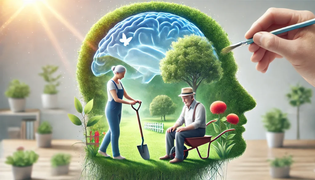 An elderly person gardening with a caregiver, symbolizing the positive impact of outdoor activities and social interaction on cognitive health. The background is bright and natural, emphasizing relaxation and well-being.