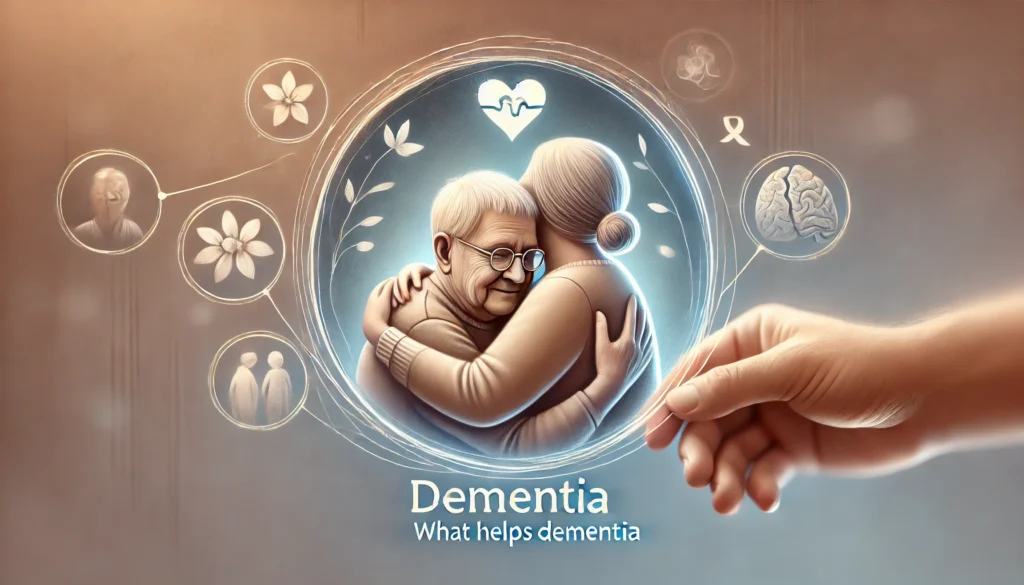 An elderly person receiving a warm embrace from a family member, symbolizing the importance of emotional support and love in dementia care. The background is soft and comforting, emphasizing connection and well-being.