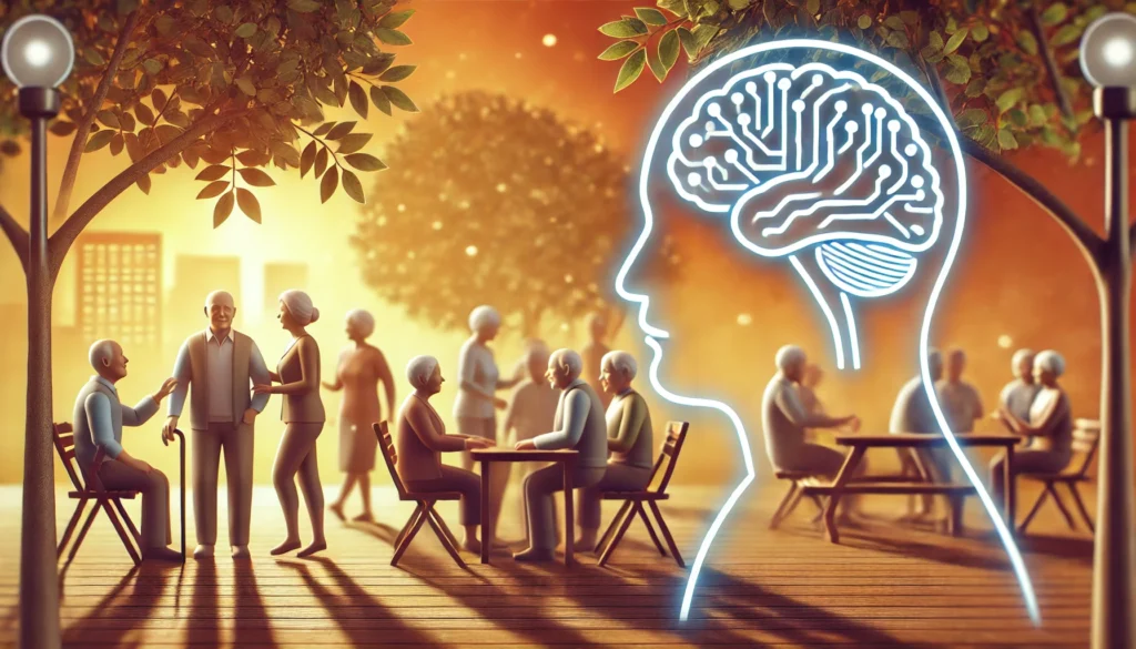 A conceptual digital painting of a mature adult silhouette with a glowing neural network inside the head, symbolizing midlife brain activity and cognition. The surreal background blends warm and cool colors, representing introspection and mental exploration.