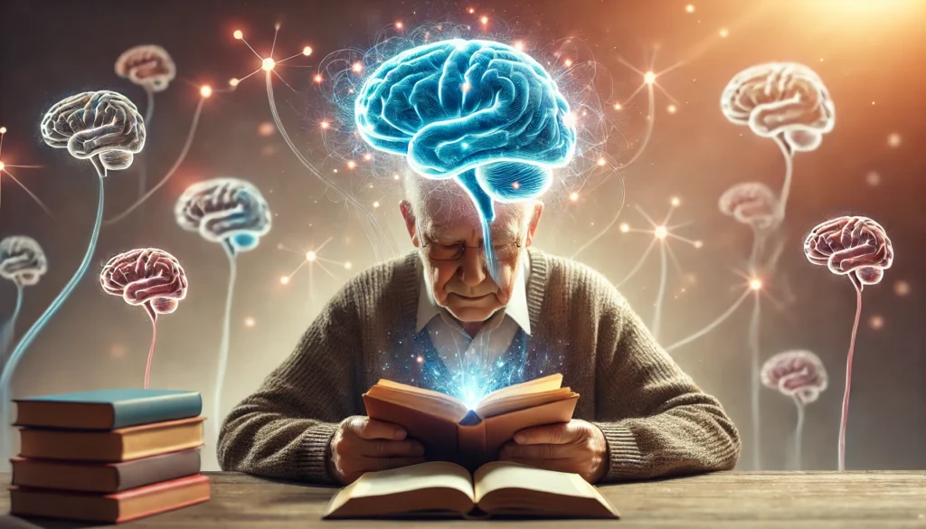 An elderly person reading a book with glowing brain activity around them, symbolizing the role of continuous learning and mental stimulation in cognitive health. The background is soft and intellectual, emphasizing brain exercise and longevity.