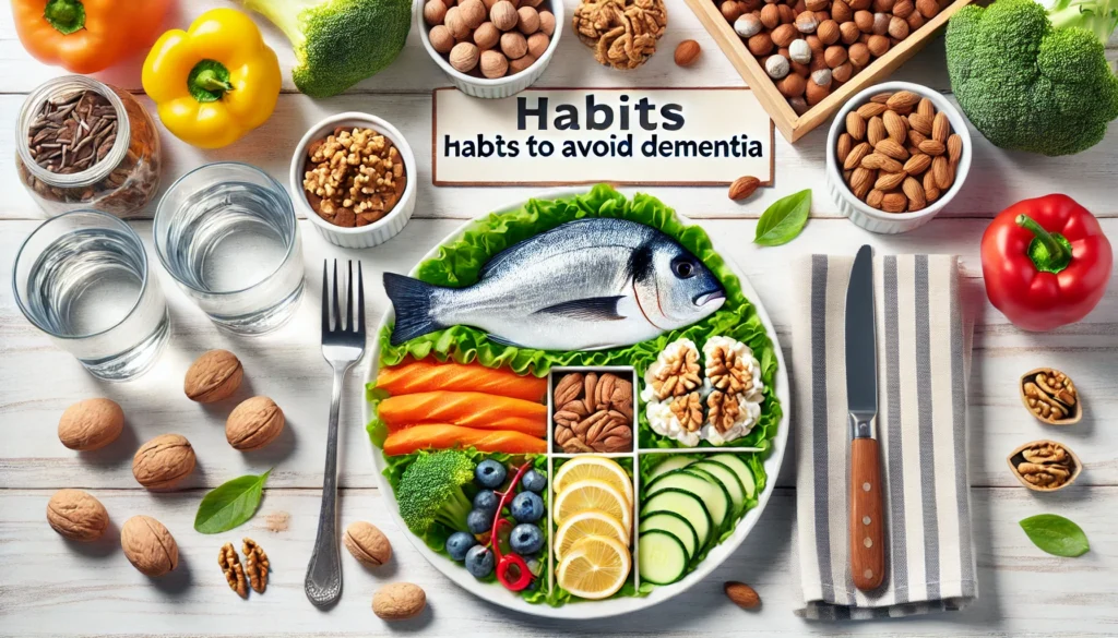A healthy meal with brain-boosting foods like fish, nuts, and vegetables, symbolizing the importance of a nutritious diet for cognitive health. The background is bright and appetizing, emphasizing healthy eating for brain function.
