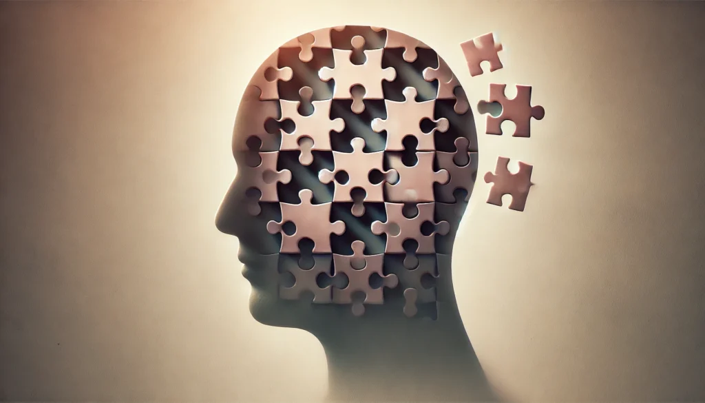 A silhouette of a human head with puzzle pieces missing, symbolizing memory loss and cognitive challenges. The background is soft and neutral, emphasizing awareness and brain function.