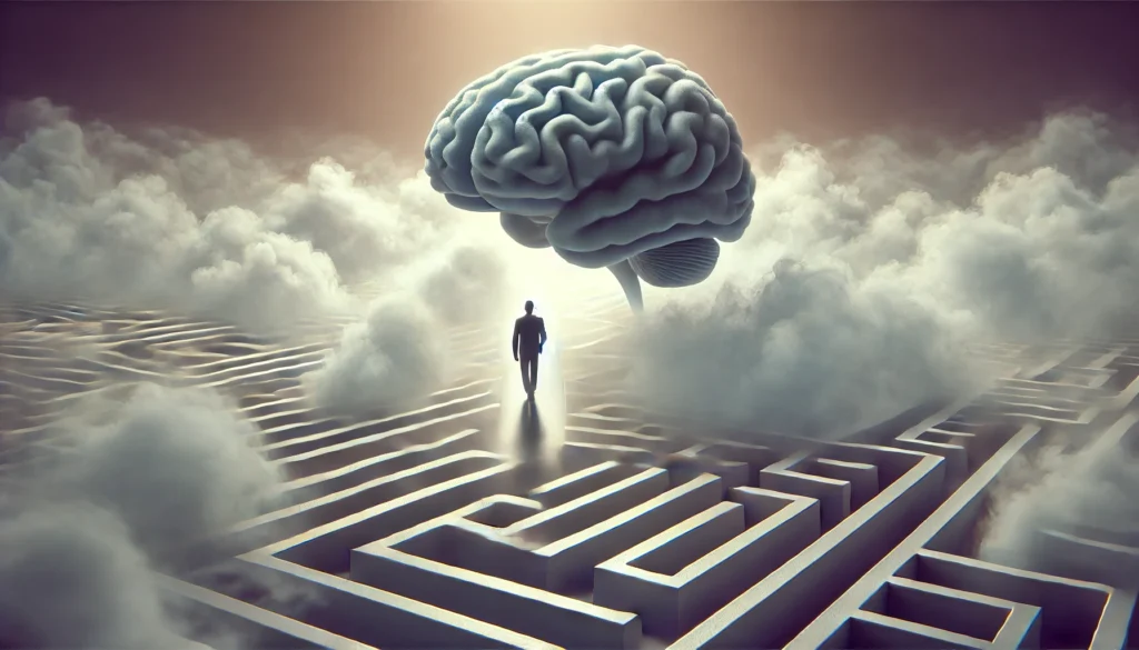 A person walking through a foggy maze, symbolizing the confusion and disorientation caused by cognitive impairment. The background is soft and mysterious, emphasizing cognitive challenges and awareness.