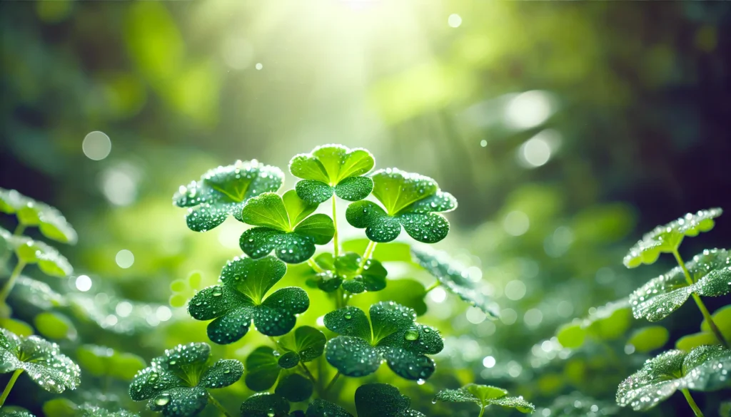 A vibrant, lush green Bacopa Monnieri plant thriving in a natural environment, covered in dewdrops and illuminated by soft sunlight filtering through the leaves, symbolizing purity and natural wellness