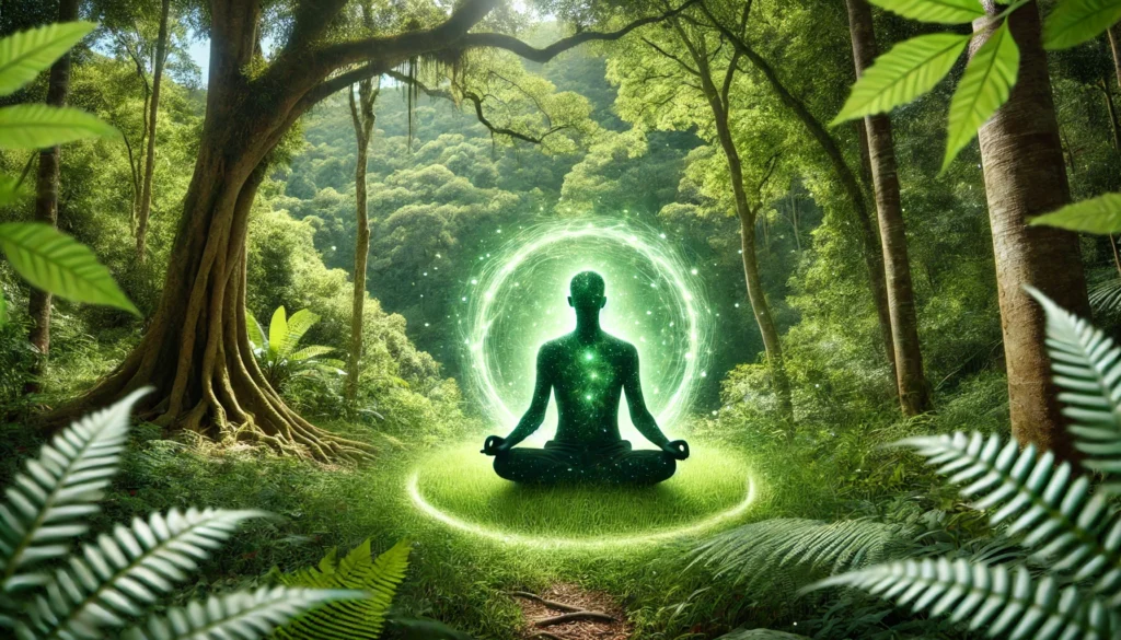 A peaceful meditation scene featuring a person sitting cross-legged in a lush green forest, with an ethereal glow around their head, symbolizing enhanced focus, mindfulness, and mental clarity influenced by Bacopa Monnieri