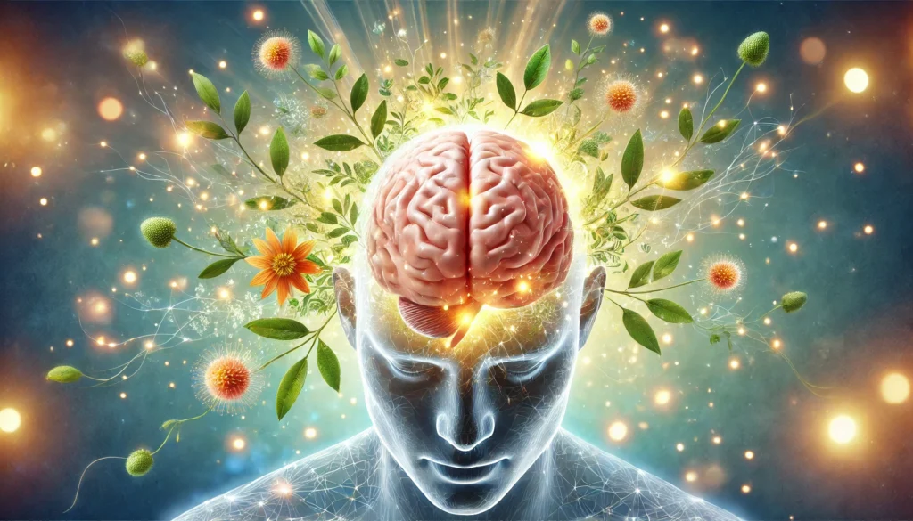 A radiant, glowing human brain intertwined with herbal energy, symbolizing the cognitive benefits of Ashwagandha and Bacopa. The brain appears vibrant and healthy, surrounded by natural herbal elements, representing enhanced memory, focus, and relief from brain fog