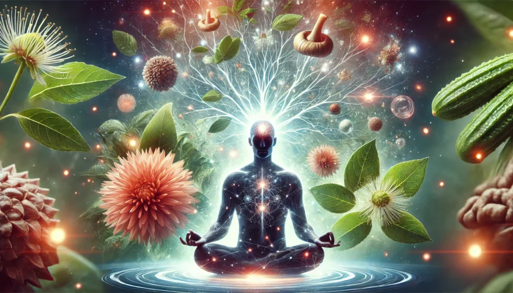 A meditative person in deep focus, surrounded by glowing herbal elements symbolizing Ashwagandha and Bacopa. Their mind appears clear and vibrant, with an ethereal aura representing enhanced memory, concentration, and cognitive balance, set against a nature-inspired background