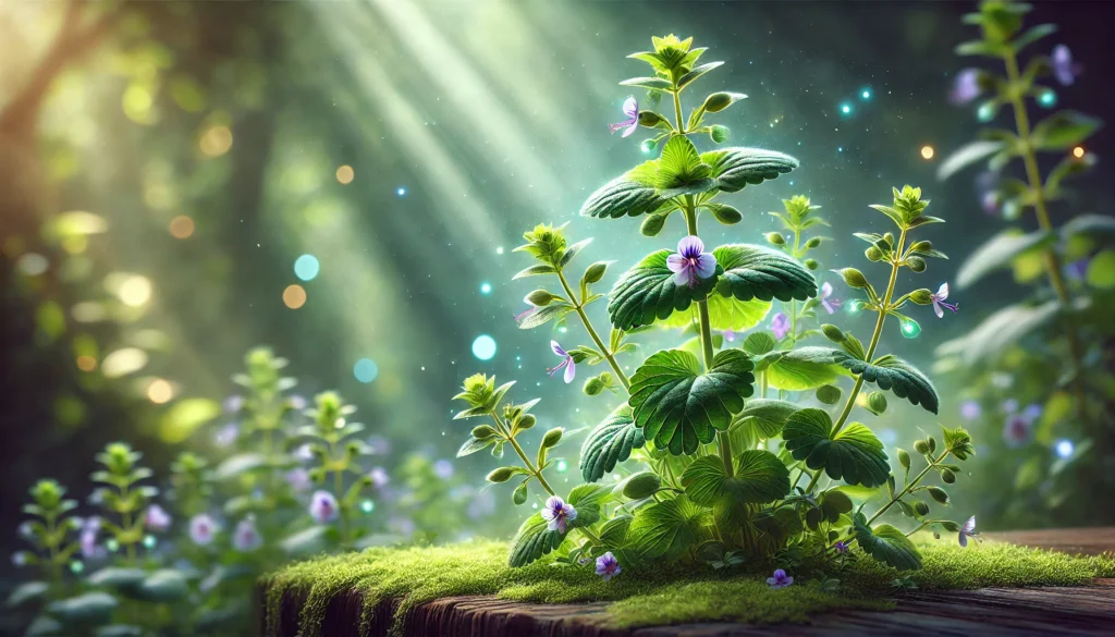 A lush digital illustration of Bacopa Monnieri with vibrant green leaves and delicate purple flowers, softly illuminated to emphasize its herbal purity and cognitive-enhancing properties. The background is a tranquil, blurred natural setting, symbolizing mental clarity and brain health