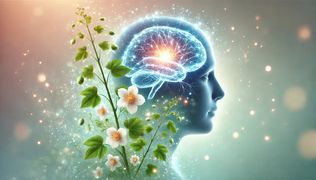 A glowing silhouette of a human head with a radiant neural network inside, wrapped in Bacopa Monnieri leaves and flowers, symbolizing brain fog relief and memory enhancement. The ethereal background emits a soft energy glow, representing mental clarity and focus