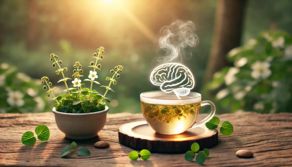 A serene nature-inspired scene of Bacopa Monnieri-infused tea with soft steam rising in the shape of a glowing brain, symbolizing cognitive enhancement and relaxation. Gentle sunlight filters through a peaceful natural backdrop, emphasizing a warm and soothing atmosphere