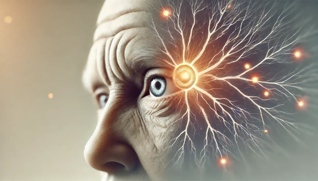 A close-up of a human eye with a distorted and fragmented view of the world, symbolizing visual impairment linked to cognitive decline. The background is soft and neutral, emphasizing the connection between vision and brain health.