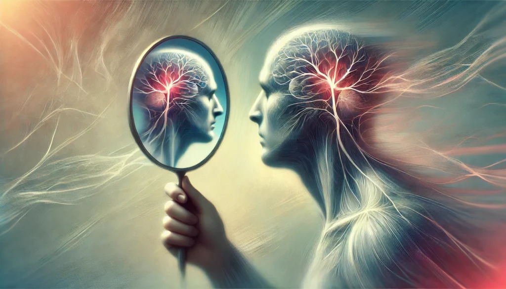 A blurred figure looking into a mirror with distorted reflections, symbolizing cognitive decline affecting perception and vision. The background is soft and abstract, emphasizing the brain-eye connection.