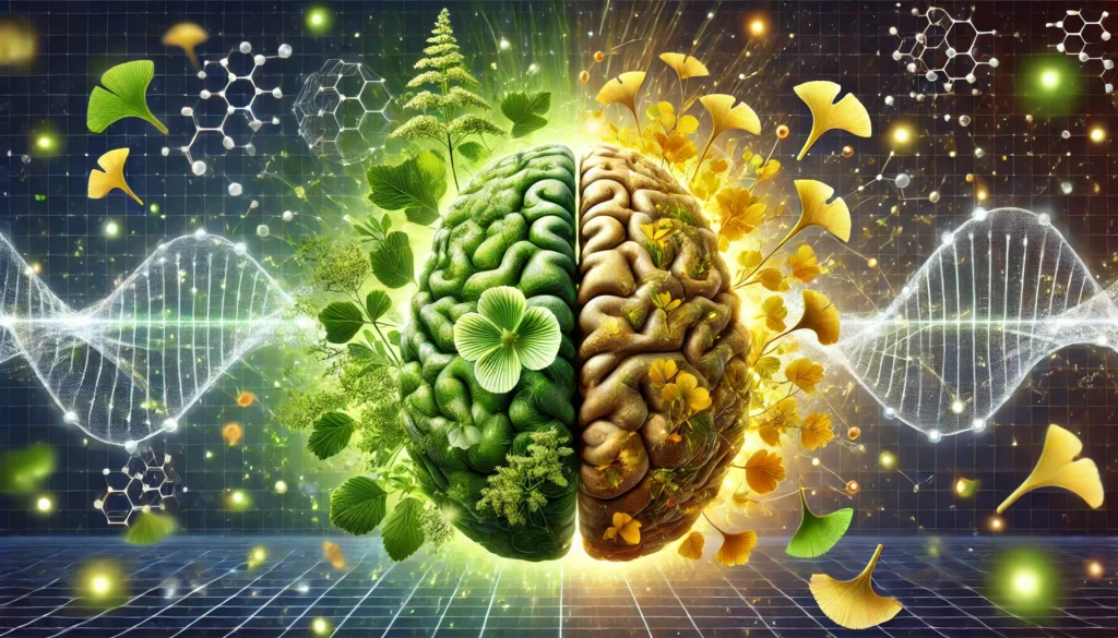 A futuristic, science-inspired visual representation of Bacopa Monnieri and Ginkgo Biloba improving brain function. A glowing brain, half entwined with Bacopa Monnieri leaves and flowers and the other half with golden Ginkgo Biloba leaves, is surrounded by floating molecules representing bioactive compounds. The background features a futuristic grid with light particles, symbolizing enhanced cognition, focus, and memory retention. The contrast between the lush green and golden hues highlights their distinct yet complementary cognitive benefits