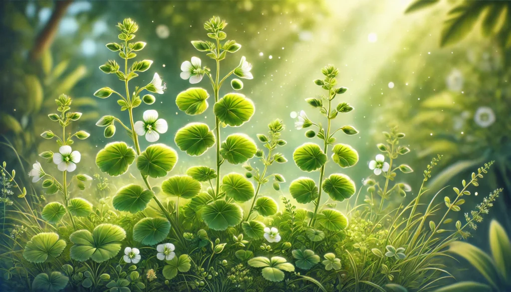 Close-up of Bacopa Monnieri plants growing in a sunlit natural setting, showcasing their small green leaves and delicate flowers, symbolizing herbal purity and medicinal benefits