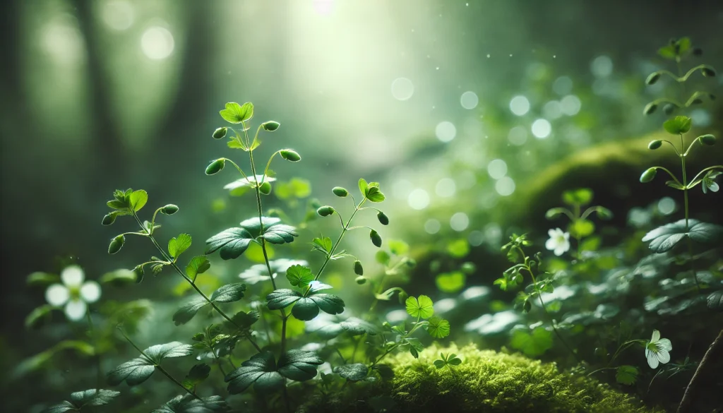 A close-up of Bacopa Monnieri plants in a misty forest, showcasing their small green leaves and delicate flowers, illuminated by soft natural light to emphasize their medicinal and herbal healing properties